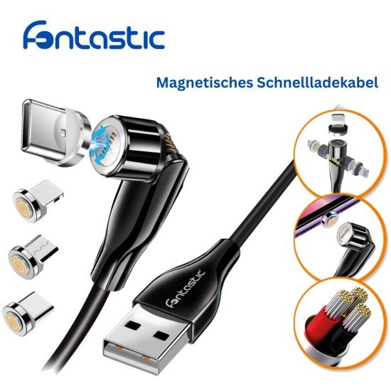 540° Magnetic USB Charging & Data Cable black 8-PIN+Type-C+MicroUSB, 1,2M, IPX5 compliant