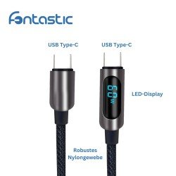 Datenkabel mit Digitalanzeige Typ-C > Typ-C 1.2m Alu-Gehäuse, Kabel Nylon, 60W PD, max.3A, Kuva, sw