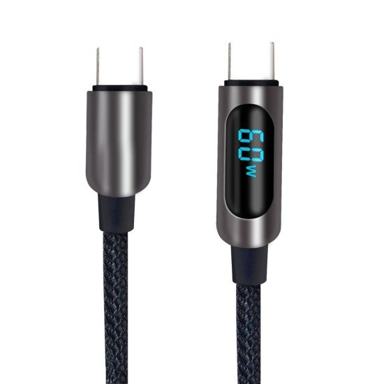 Data Cable with Digital Display Typ-C > Typ-C 1.2m Zinc Alloy Housing + Braided Cable, 60W, max.3A Data Cable with Digital Display Typ-C > Typ-C 1.2m Zinc Alloy Housing + Braided Cable, 60W, max.3A