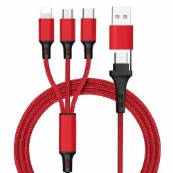 6in1 Ladekabel USB-A/Type-C/8-Pin/Micro USB 1.2m Al-Gehäuse, Nylon ummantelt, Multi-Laden 2.4A rot