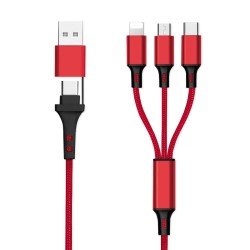 6in1 Ladekabel USB-A/Type-C/8-Pin/Micro USB 1.2m Al-Gehäuse, Nylon ummantelt, Multi-Laden 2.4A rot