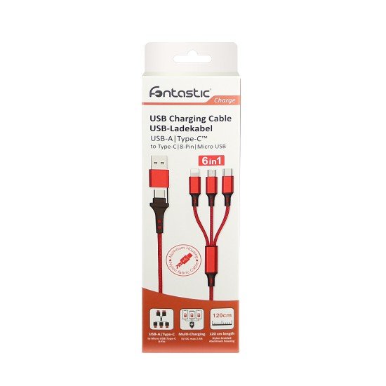 6in1 Charging Cable USB-A/Type-C/8-Pin/Micro USB Al Housing, Nylon braid, Multi-Charge 2.4A, 1.2m 6in1 Charging Cable USB-A/Type-C/8-Pin/Micro USB Al Housing, Nylon braid, Multi-Charge 2.4A, 1.2m