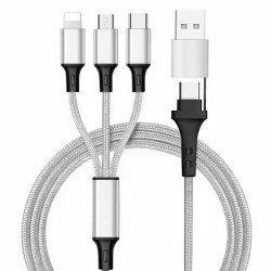 6in1 Ladekabel USB-A/Type-C/8-Pin/Micro USB 1.2m Al-Gehäuse, Nylon ummantelt, Multi-Laden 2.4A silb