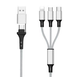 6in1 Ladekabel USB-A/Type-C/8-Pin/Micro USB 1.2m Al-Gehäuse, Nylon ummantelt, Multi-Laden 2.4A silb