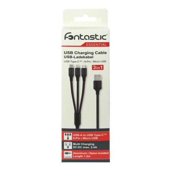 Essential Cable Niru Type-C/8-PIN/Micro 1.2M black Al Housing, Nylon Braided, Multi-Charging 2.4A