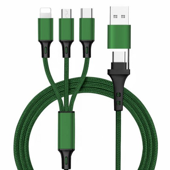 6in1 Ladekabel USB-A/Type-C/8-Pin/Micro USB 1.2m Al-Gehäuse, Nylon ummantelt, Multi-Laden 2.4A grün 6in1 Ladekabel USB-A/Type-C/8-Pin/Micro USB 1.2m Al-Gehäuse, Nylon ummantelt, Multi-Laden 2.4A grün
