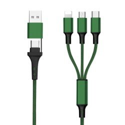 6in1 Ladekabel USB-A/Type-C/8-Pin/Micro USB 1.2m Al-Gehäuse, Nylon ummantelt, Multi-Laden 2.4A grün