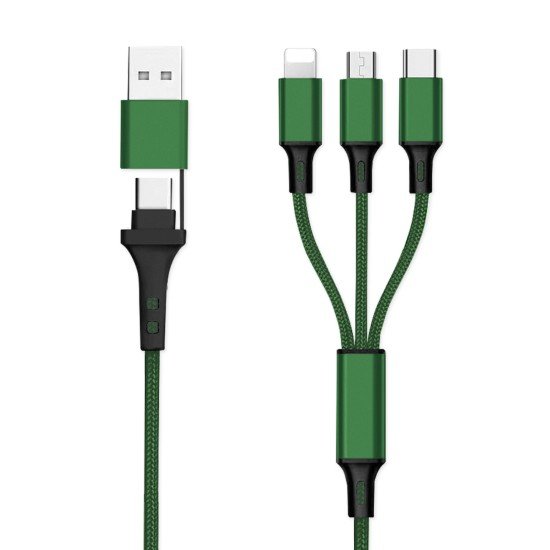 6in1 Ladekabel USB-A/Type-C/8-Pin/Micro USB 1.2m Al-Gehäuse, Nylon ummantelt, Multi-Laden 2.4A grün 6in1 Ladekabel USB-A/Type-C/8-Pin/Micro USB 1.2m Al-Gehäuse, Nylon ummantelt, Multi-Laden 2.4A grün