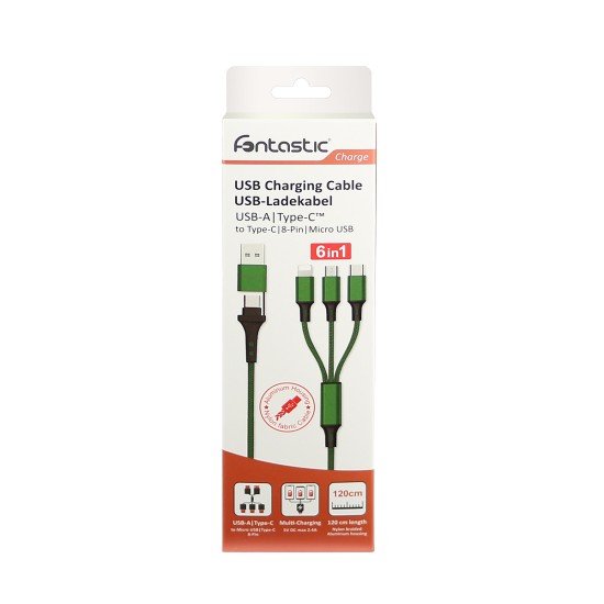 6in1 Ladekabel USB-A/Type-C/8-Pin/Micro USB 1.2m Al-Gehäuse, Nylon ummantelt, Multi-Laden 2.4A grün 6in1 Ladekabel USB-A/Type-C/8-Pin/Micro USB 1.2m Al-Gehäuse, Nylon ummantelt, Multi-Laden 2.4A grün