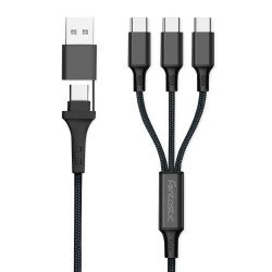 Multi Ladekabel - 3-fach USB-Typ-C auf USB-A/Typ-C Al-Gehäuse, Nylon ummantelt, Multi-Laden, 1.2m sw