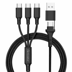 Multi Ladekabel - 3-fach USB-Typ-C auf USB-A/Typ-C Al-Gehäuse, Nylon ummantelt, Multi-Laden, 1.2m sw