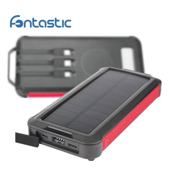 Solar Power Bank 10000mAh built-in charging cable Solar Panels, Torch, USB-A/Type-C/8PIN, black