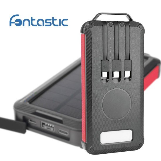Solar Power Bank 10000mAh built-in charging cable Solar Panels, Torch, USB-A/Type-C/8PIN, black