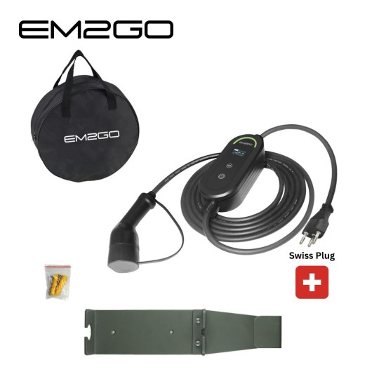 AC Portable Charger, Charge Power Meter, T12 swiss Adjustable current (6-10A), 5m Typ 2 Cable, black