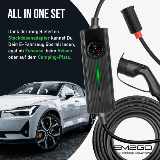 AC portable EV Charger Type 2 16kW programmable 3.6kW + 3 adapter cables, wall holder, case