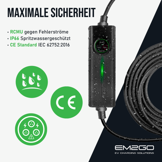 AC portable EV Charger Type 2 16kW programmable 3.6kW + 3 adapter cables, wall holder, case