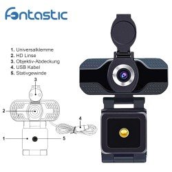 Webcam 1080P Full HD mit eingebautem Mikrofon 2K, USB-A Plug & Play, Objektivabdeckung, schwarz