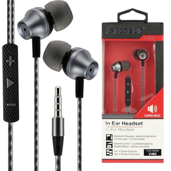 In Ear Stereo Headset V465 black / anthracite 3-Button-Remote, Mic, Ear Gel Kit