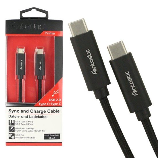 Datenkabel Elox USB Type-C > Type-C 2.0 1m Silber Stecker Alu-Gehäuse Kabel Nylon-Ummantelung