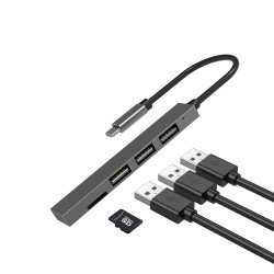 4-in-1 Multi-Port Slim USB Type-C Hub, grey 3 x USB-A 2.0, MIcroSD Slot, Plug & Play