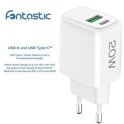AC Charger Ovin, USB-A FC3 + Type-C PD20W white Power Delivery, Fast Charge 3 TÜV / GS certificate