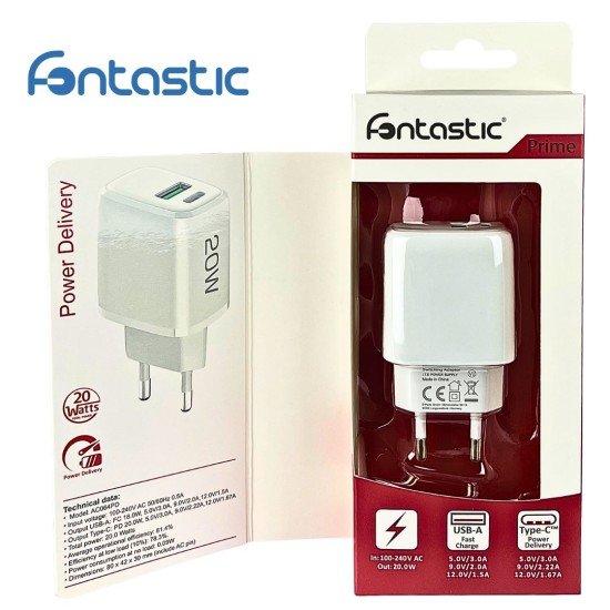 AC Charger Ovin, USB-A FC3 + Type-C PD20W white Power Delivery, Fast Charge 3 TÜV / GS certificate