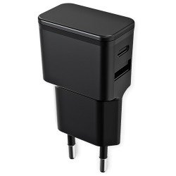 Universal AC Charger Dubi 1x USB-A + 1x Type-C 12W 5V / 2.4A, compact design, black