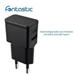 Universal AC Charger Dubi 1x USB-A + 1x Type-C 12W 5V / 2.4A, compact design, black