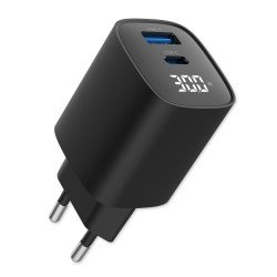 Fontastic AC Charger GAN 30W with Display, black Typ-C + USB-A PD, FC, Power Output Display “Ecran“