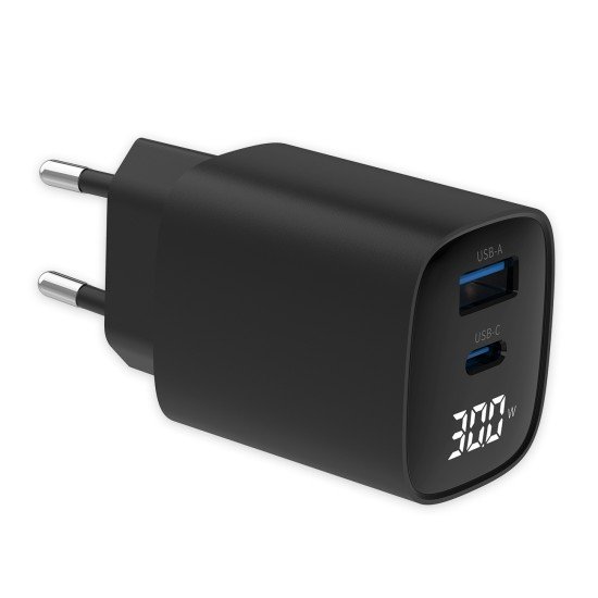 Fontastic Netzteil GaN 30W mit Digitalanzeige, sw Typ-C + USB-A, PD, FC, Leistungsabgabe Anzeige