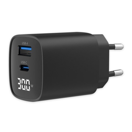 Fontastic Netzteil GaN 30W mit Digitalanzeige, sw Typ-C + USB-A, PD, FC, Leistungsabgabe Anzeige
