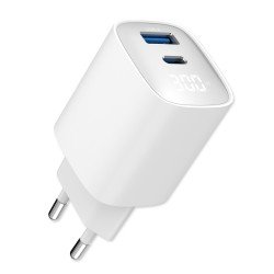 Fontastic AC Charger GAN 30W with Display, white Typ-C + USB-A PD, FC, Power Output Display “Ecran“