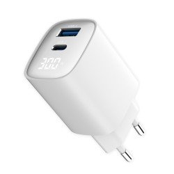 Fontastic AC Charger GAN 30W with Display, white Typ-C + USB-A PD, FC, Power Output Display “Ecran“