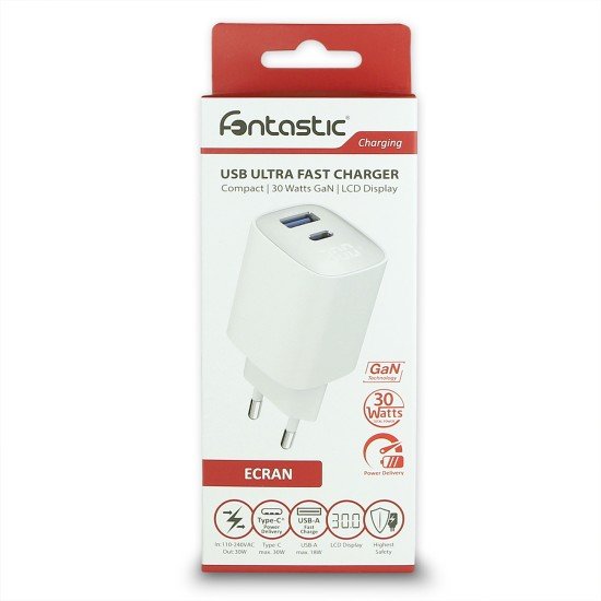 Fontastic Netzteil GaN 30W mit Digitalanzeige, ws Typ-C + USB-A, PD, FC, Leistungsabgabe Anzeige
