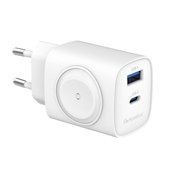 Fontastic 2in1 - Travel & iWatch wireless Charger GaN 22W, USB Typ-C + USB-A, PD, FC, “WiGan“, white