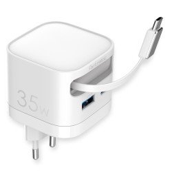 Fontastic 35W GaN Netzteil mit einziehbarem Kabel USB Typ-C + A Ports, Kabel Typ-C PD FC “Zap" weiß