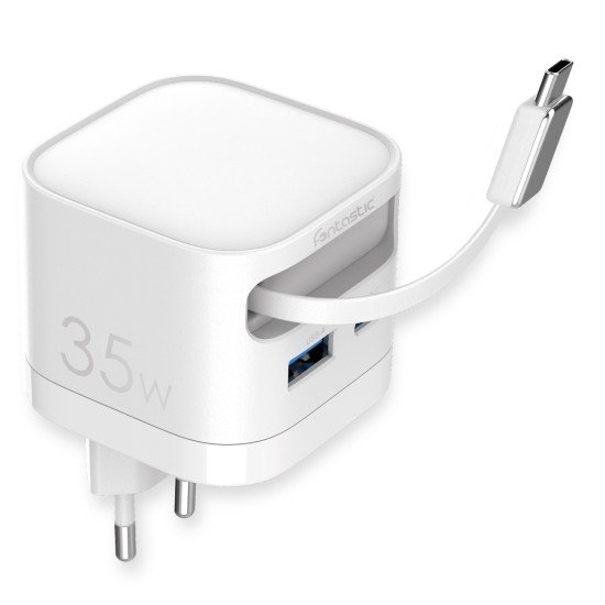 Fontastic 35W GaN Charger with retractable cable Type-C + A Ports, Cable Type-C PD FC “Zap" white Fontastic 35W GaN Charger with retractable cable Type-C + A Ports, Cable Type-C PD FC “Zap" white