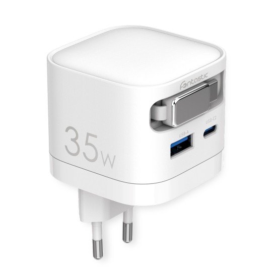 Fontastic 35W GaN Charger with retractable cable Type-C + A Ports, Cable Type-C PD FC “Zap" white Fontastic 35W GaN Charger with retractable cable Type-C + A Ports, Cable Type-C PD FC “Zap" white