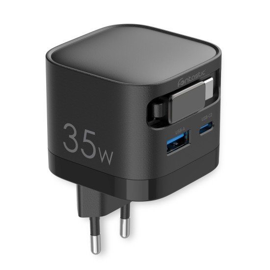 Fontastic 35W GaN Charger with retractable cable Type-C + A Ports, Cable Type-C PD FC “Zap" black