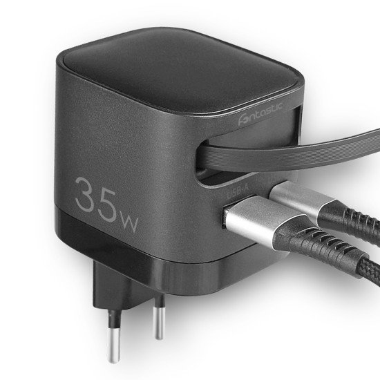 Fontastic 35W GaN Charger with retractable cable Type-C + A Ports, Cable Type-C PD FC “Zap" black