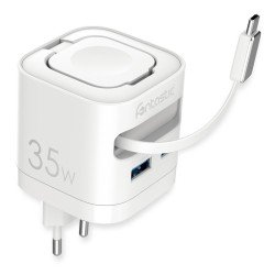 Fontastic 35W GaN Netzteil mit einziehbarem Kabel iWatch Kabelloses Laden C+A Ports PD FC “QiZap" ws