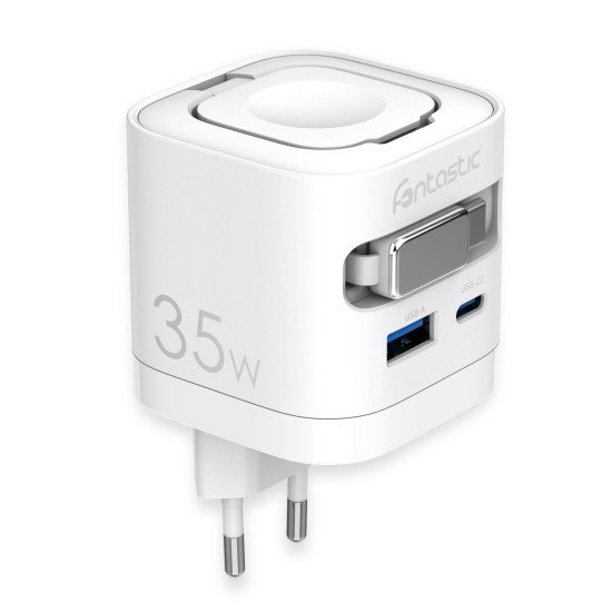 Fontastic 35W GaN Netzteil mit einziehbarem Kabel iWatch Kabelloses Laden C+A Ports PD FC “QiZap" ws