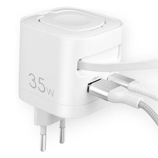 Fontastic 35W GaN Netzteil mit einziehbarem Kabel iWatch Kabelloses Laden C+A Ports PD FC “QiZap" ws