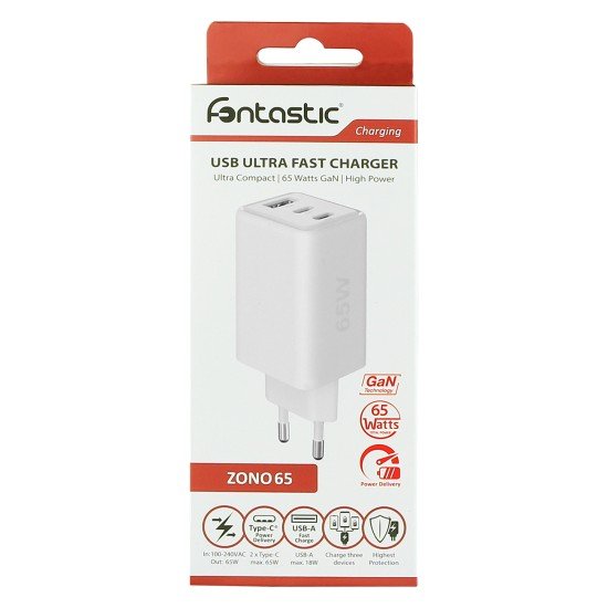 Fontastic Netzteil GAN 65W, 2 x Typ-C + USB-A ws Power Delivery, Fast Charge, Ladesteuerung, “Zono”