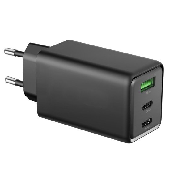 Fontastic AC Charger GAN 65W, 2 x Type-C + USB-A Power Delivery, Fast Charge, "Zono", black