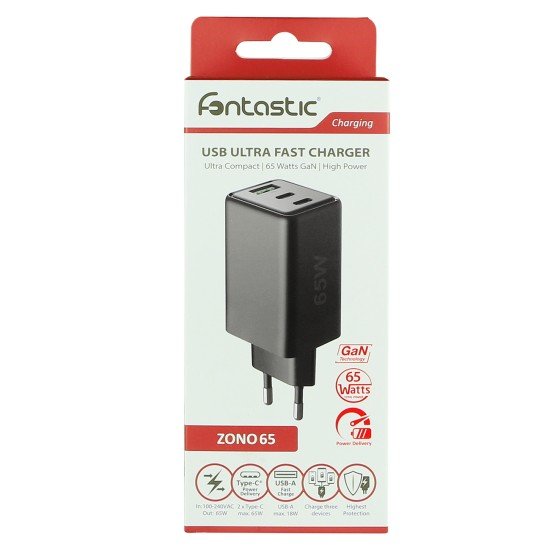 Fontastic AC Charger GAN 65W, 2 x Type-C + USB-A Power Delivery, Fast Charge, "Zono", black
