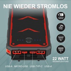 Solar Power Bank Xora20 20000mAh black Fast Charge, LED Light, 2 x USB-A, 1 x Type-C