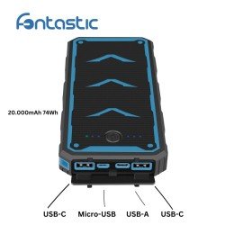 Solar Power Bank Xora20Q with wireless charging 20000mAh, FC, LED Light, 2 x USB-A, 1 x Type-C, bl