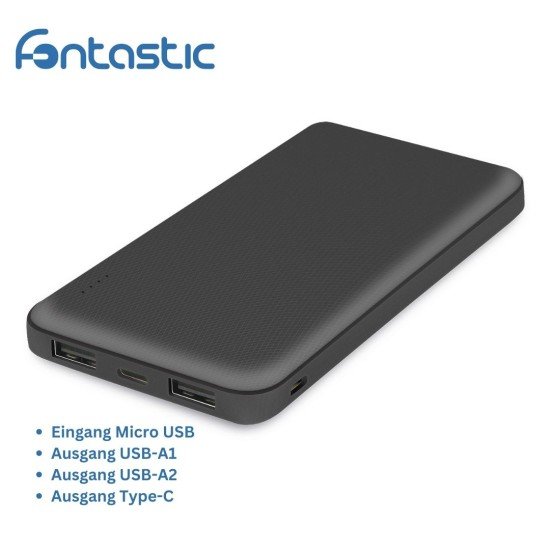 Power Bank Renz10 10.000mAh, 2x USB-A & 1x Typ-C Ladezustandsanzeige, In & Output 5V / 2A, schwarz Power Bank Renz10 10.000mAh, 2x USB-A & 1x Typ-C Ladezustandsanzeige, In & Output 5V / 2A, schwarz