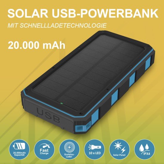 Solar Power Bank Xora20Q with wireless charging 20000mAh, FC, LED Light, 2 x USB-A, 1 x Type-C, bl Solar Power Bank Xora20Q with wireless charging 20000mAh, FC, LED Light, 2 x USB-A, 1 x Type-C, bl